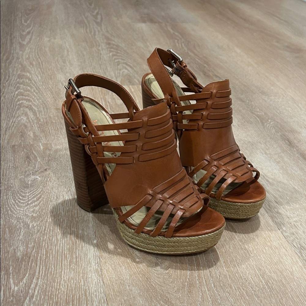 Luxury Rebel Tan Strappy Platform Heels